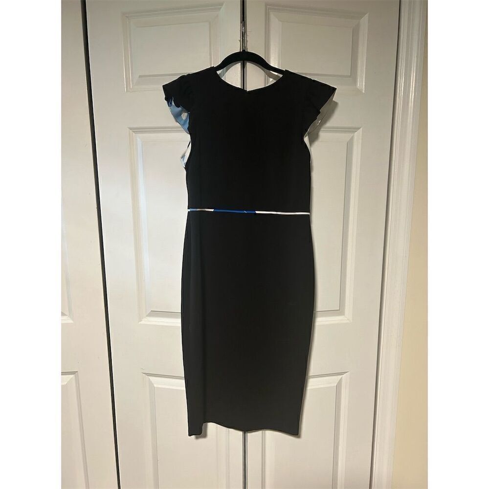 Calvin Klein Women's Black Sheath Dress Size 6 Ruffle Cap Sleeves Workwe…